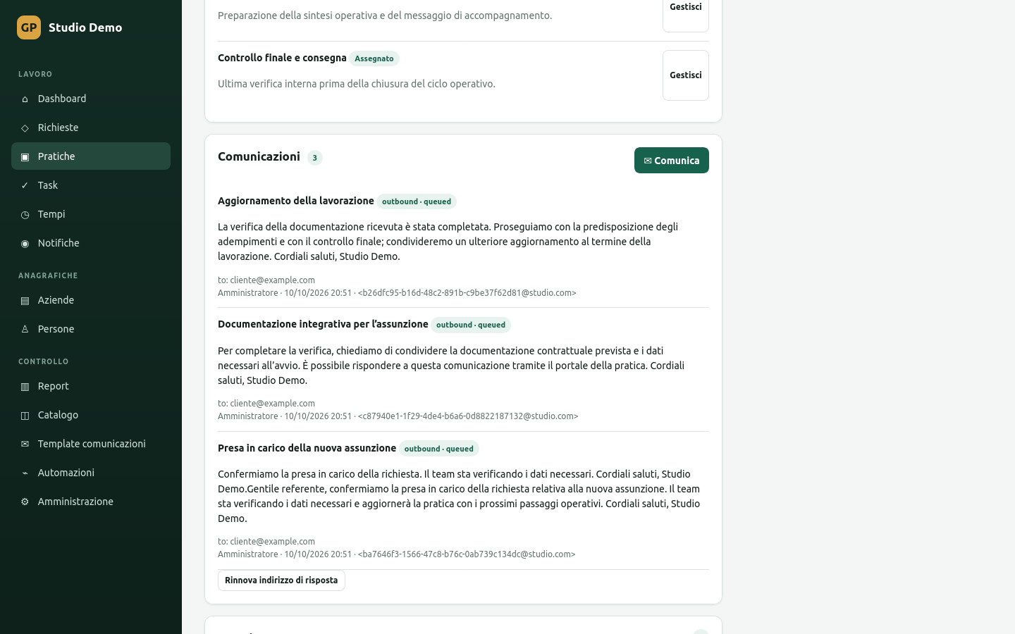 Sezione Comunicazioni di una pratica dimostrativa: tre messaggi outbound in coda, con oggetto, testo e stato