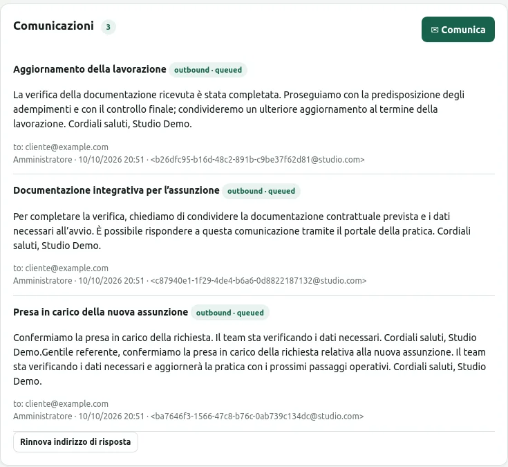 Comunicazioni collegate a una pratica dimostrativa: tre messaggi outbound con stato queued