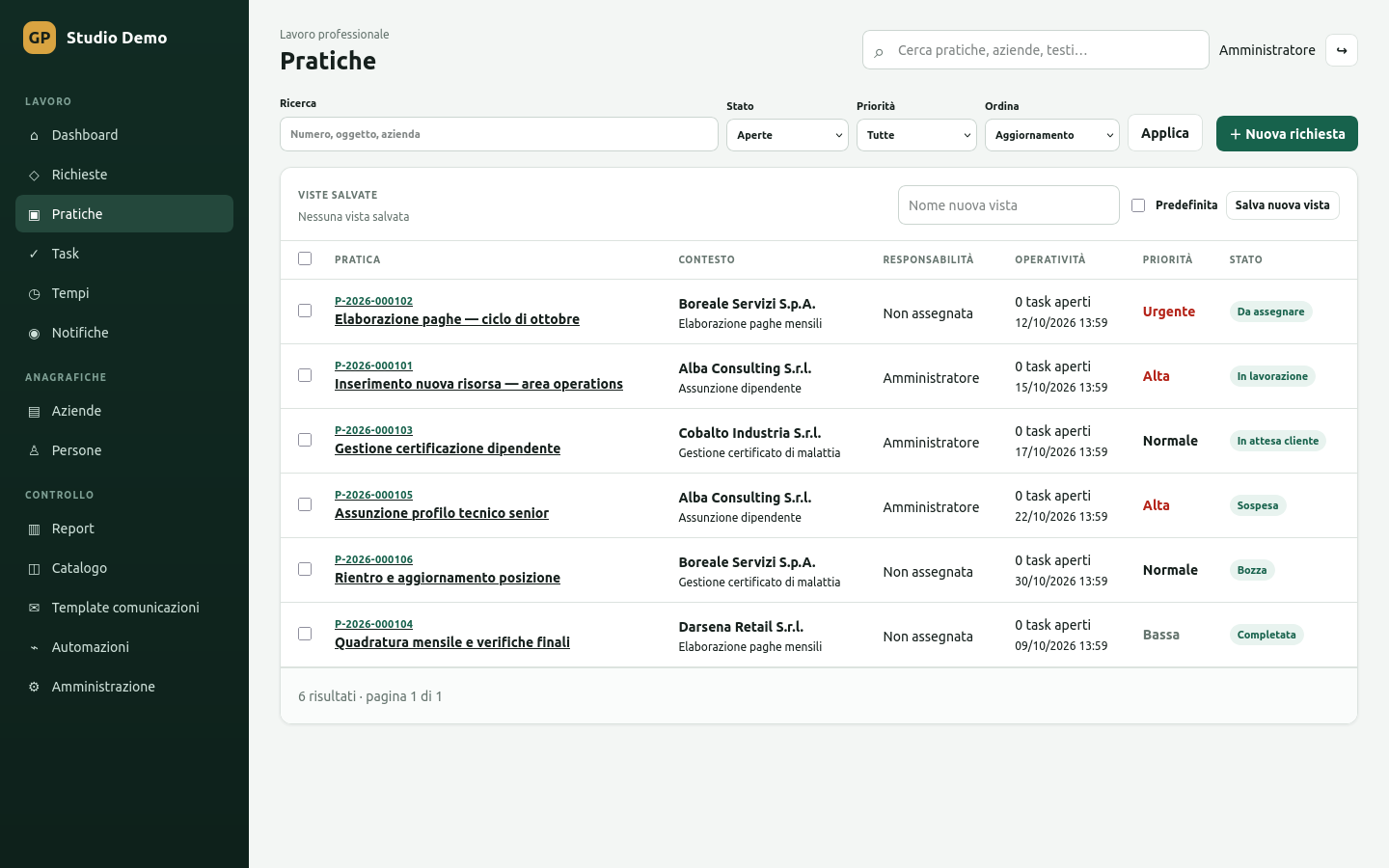 Vista Pratiche di Gestionale Studio con elenco di pratiche, aziende, responsabilità, priorità e stato