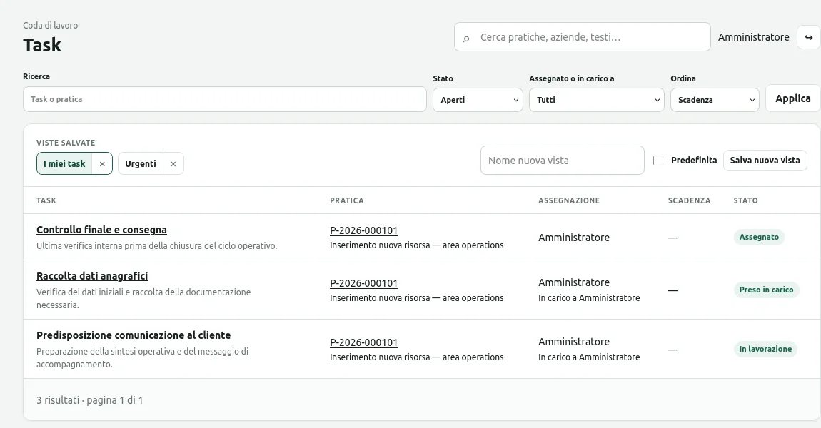 Coda Task con filtri, viste salvate e tre attività con assegnazioni e stati diversi